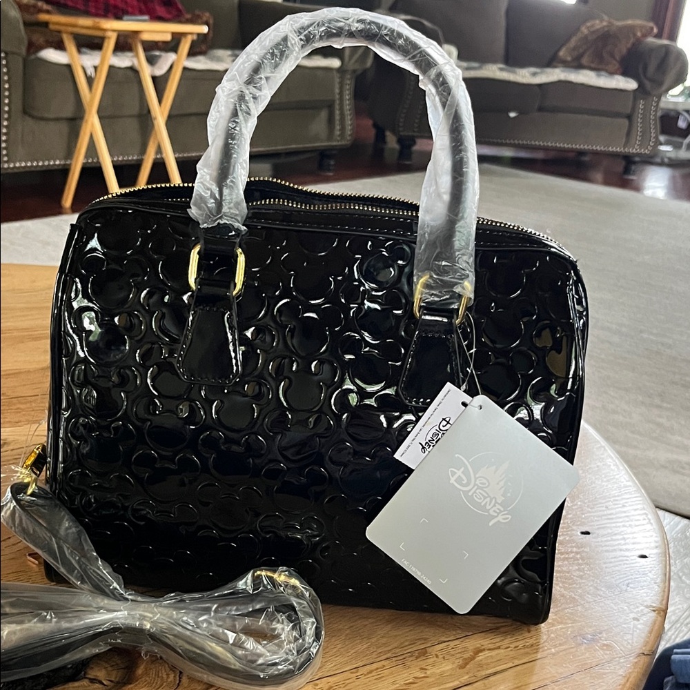 Disney Black Patent Satchel with Embossed Mickey Pattern
